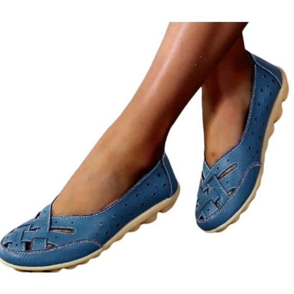 New Womens Blue Leather Breathable Support Flat Shoe / Toe Sandal Size 8.5 - 9 W - Picture 2 of 9